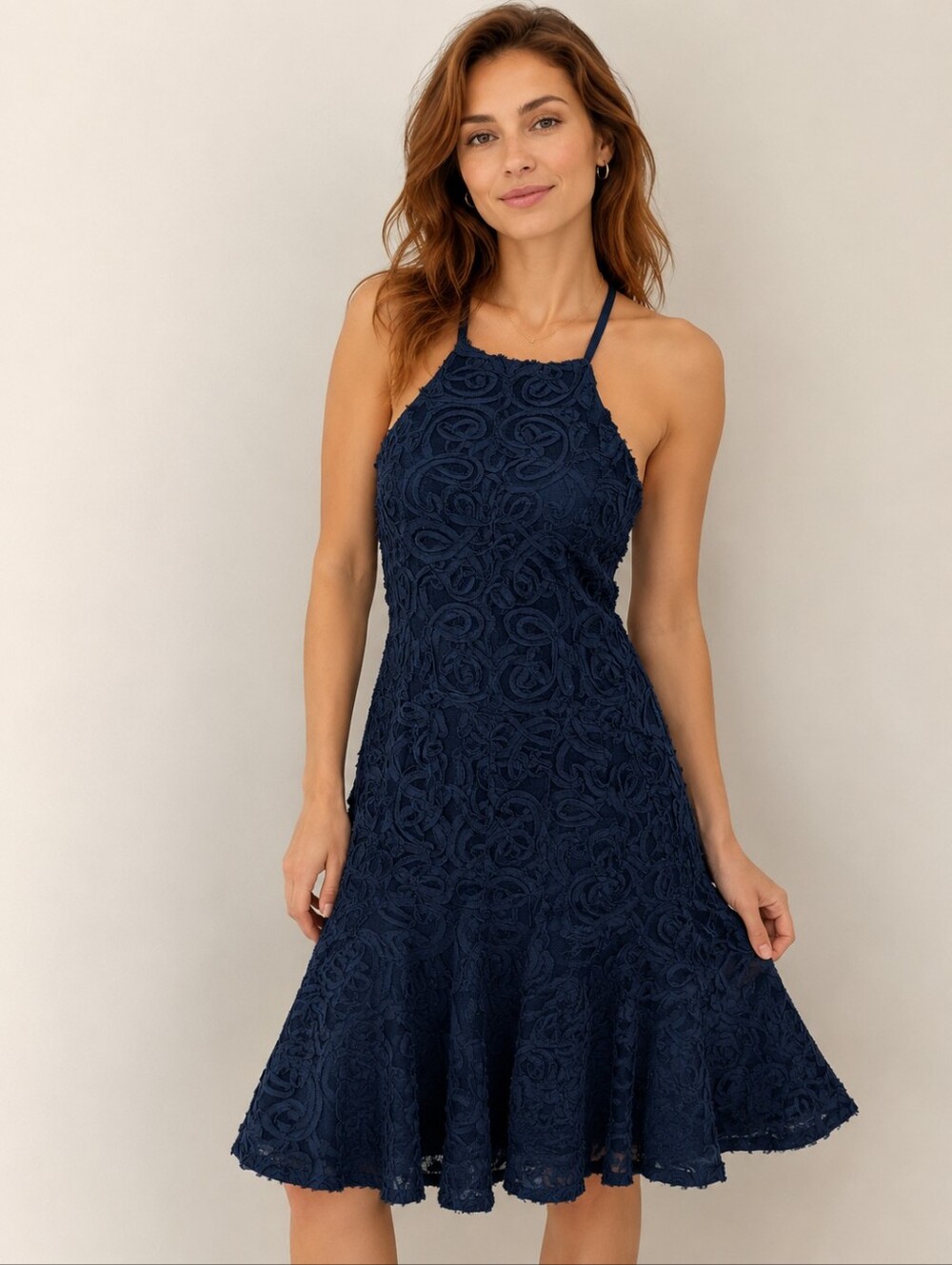BCBGMAXAZRIA Navy Blue Textured Lace Halter Dress Size 0/2